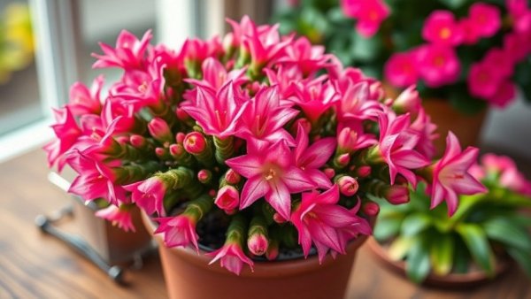 Christmas cactus with vibrant pink flowers on a wooden table.