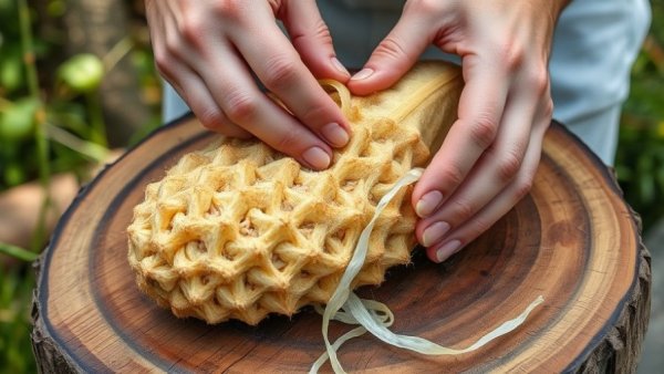 Hands peeling loofah, grow your own shower sponge concept.