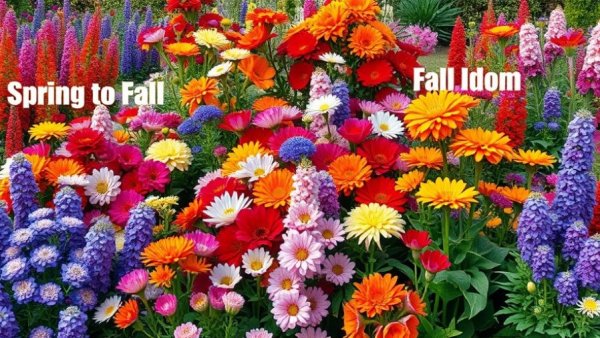 Colorful long-blooming flowers for gardens with seasonal text overlay.