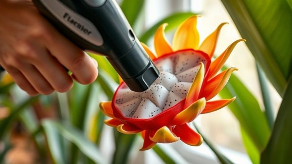 Close-up of vacuum used on blooming dragon fruit flower.