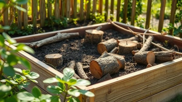 Raised bed garden trick with logs and branches filling half the bed, gardening tip.