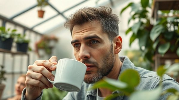 Man sipping coffee in a greenhouse, grow your own coffee.