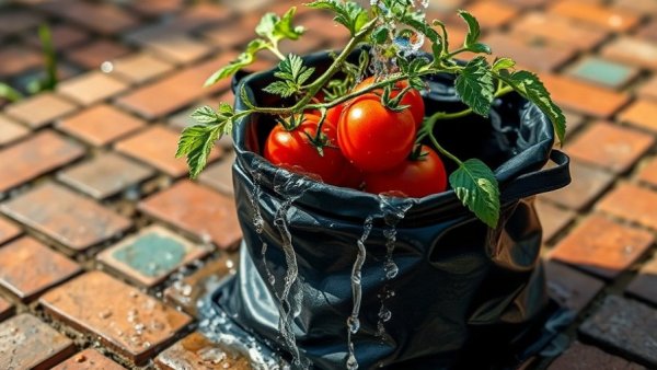 Common grow bag gardening mistakes with overflowing water.