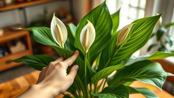Thriving peace lily plant with green leaves indoors.