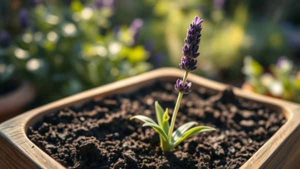 Thriving young lavender plant growing from seed in a rustic planter.