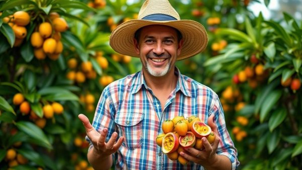 Passion fruit harvest in small spaces with straw-hatted man.