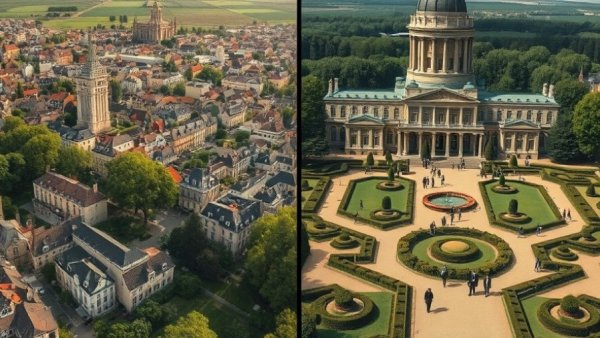 Comparison of American suburb and historical French garden, American lawn history.