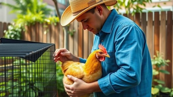 Chickens in Urban Gardens: Person tending to a chicken in a cage.