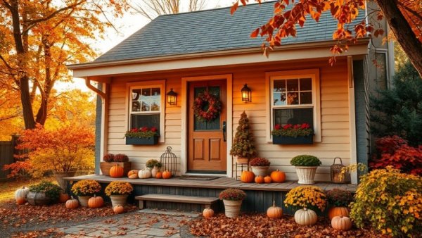 Charming cottage with cozy Halloween porch decorations