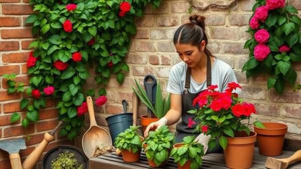 Garden decor tips before winter: woman arranging pots.