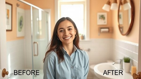 Young woman poses in freshly remodeled bathroom, showcasing DIY budget bathroom makeover.