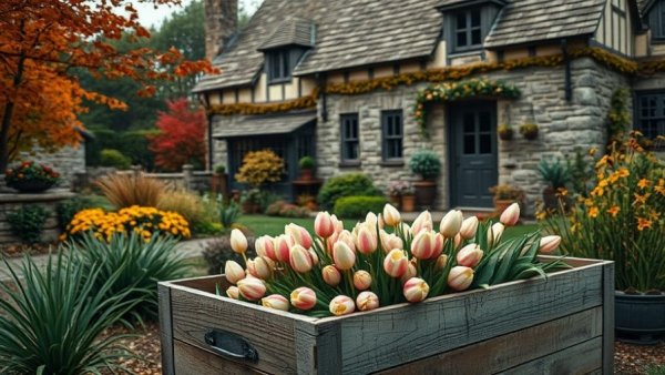 Bulbs to plant in October, rustic cottage garden scene.