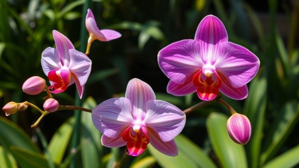Blooming orchid transformation with vivid petals contrasting a non-blooming one in a lush garden.