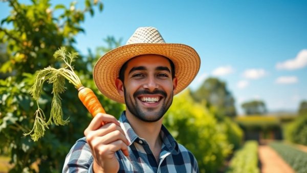 Man with straw hat outdoors holding perfect carrot, secret to perfect carrots