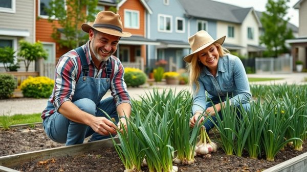 Gardeners cultivating tiny garlic cloves in a suburban garden