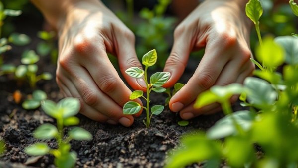 Hand planting seedlings in small living space garden