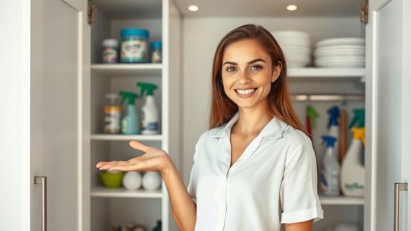 Woman showing new cleaning closet, creating custom storage space.