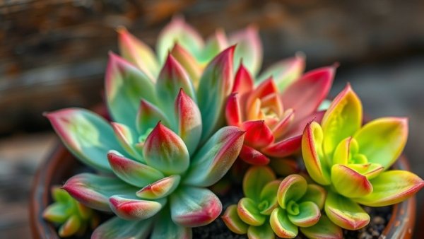 Vibrant color-changing succulents in a pot on a wooden surface.