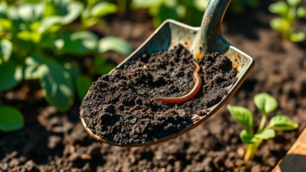 Garden shovel with soil and worm, promoting winter soil preparation.