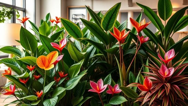 Colorful exotic plants in a cozy indoor setting, vibrant and lush.