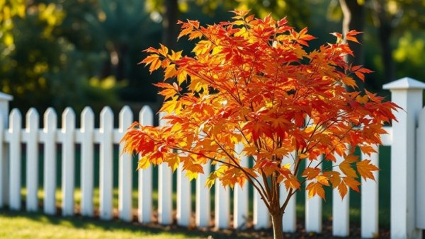 Essential trees and shrubs to plant, young tree with autumn leaves, garden.