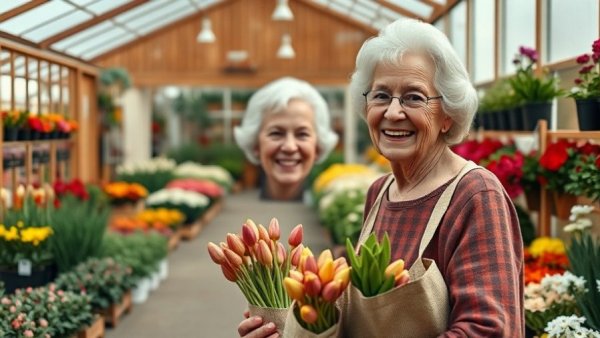 Elderly woman with native plants in Vancouver greenhouse