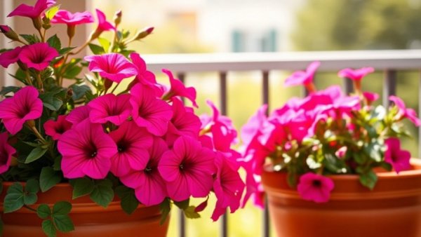 Pink petunias thriving in full sun on a balcony container garden