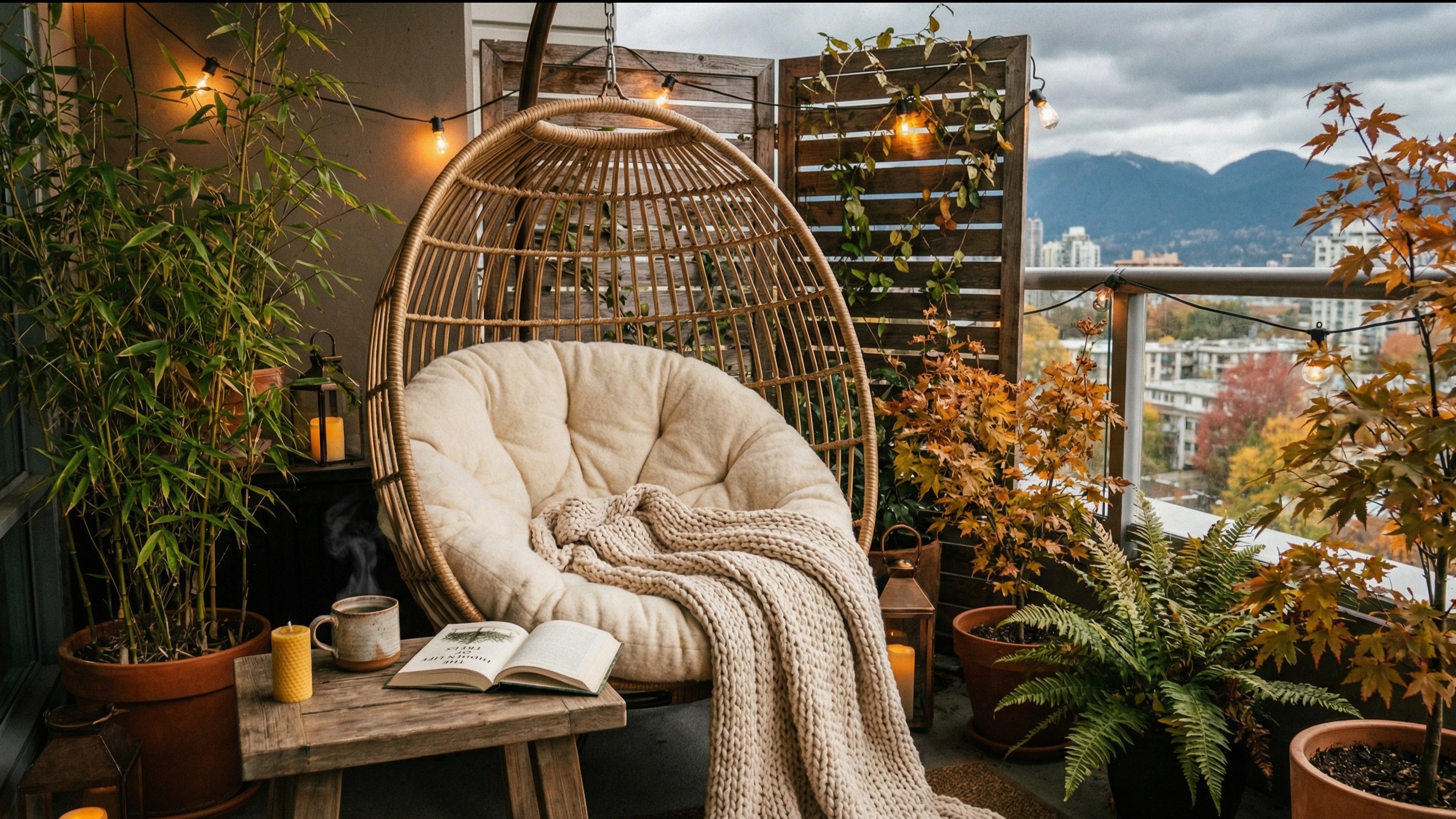cozy balcony with swinging chair and plants