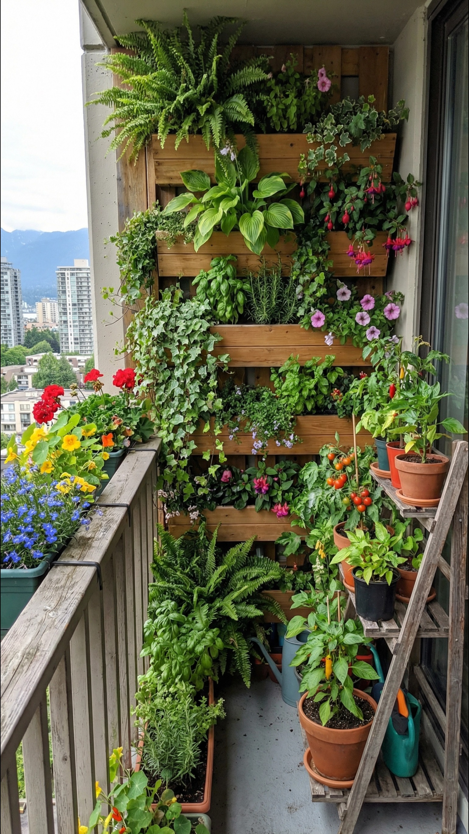 Condo balcony with wall of container plants