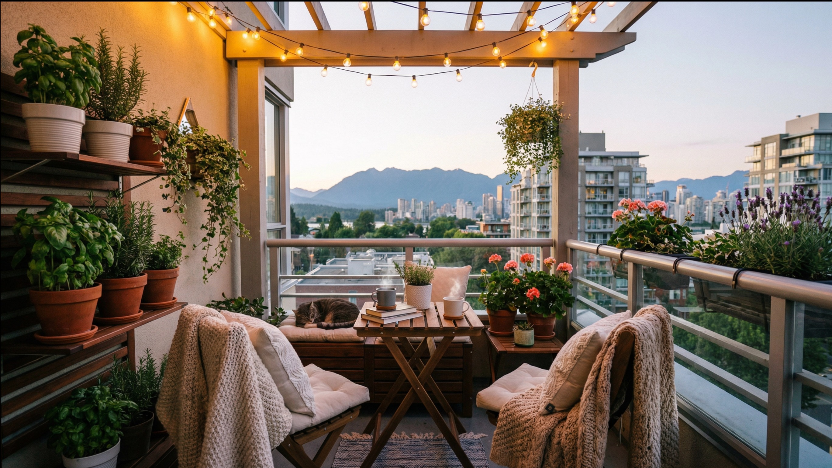 Condo balcony designed with 2 chairs, table, plants, lighting.