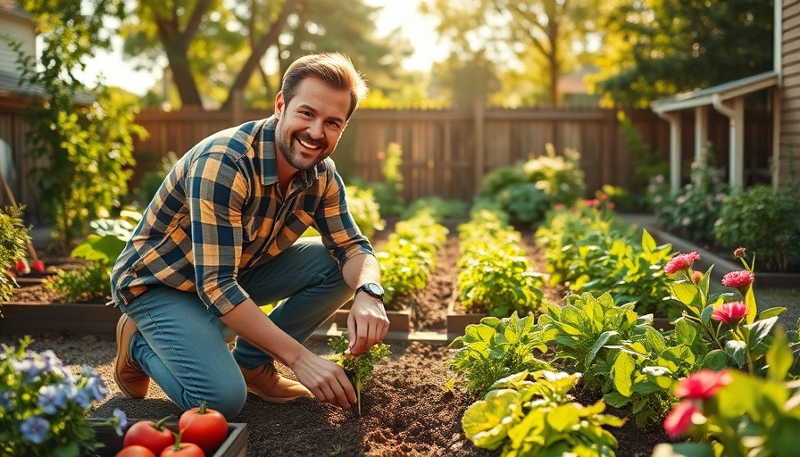 Casual gardener planting an edible garden in a sunny backyard.