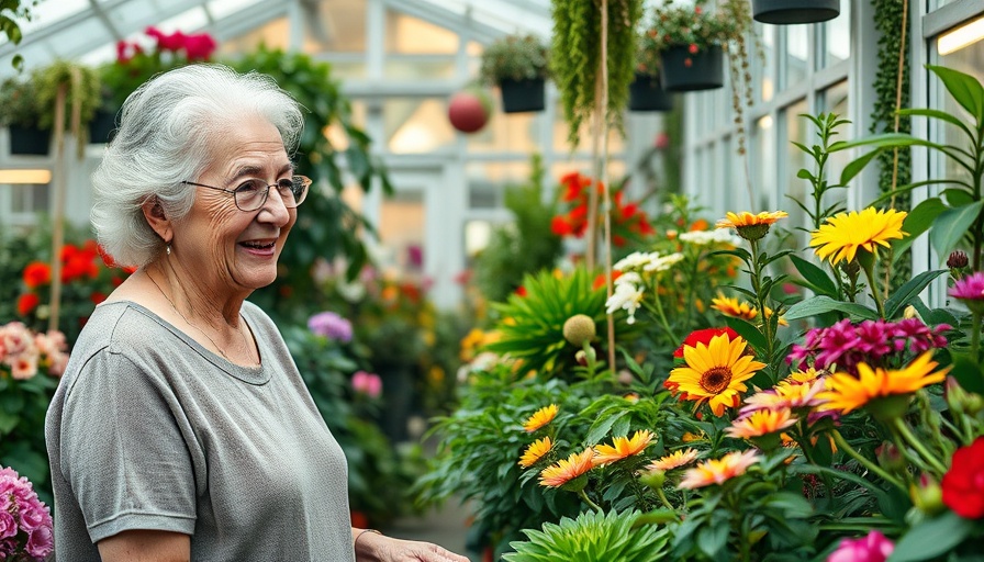 Elderly woman in greenhouse with vibrant native plants, Vancouver gardens