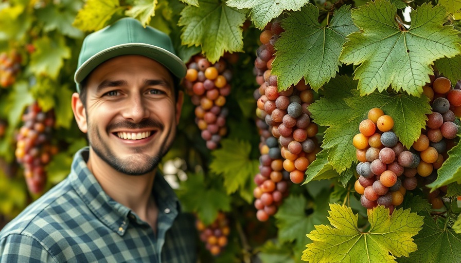Man smiling beside ripe grapes on vine, what to know before growing grapes