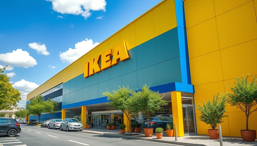 Vibrant IKEA storefront with parked cars on a sunny day.