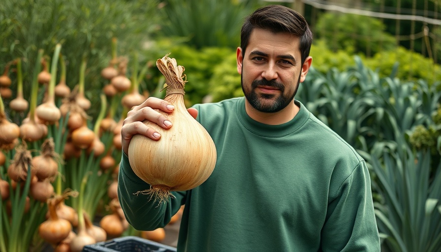 Man holding giant onion in a garden, showcasing harvest technique.