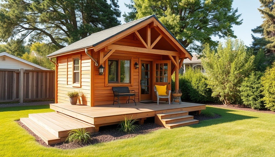 Charming wooden backyard tiny home with porch and greenery.
