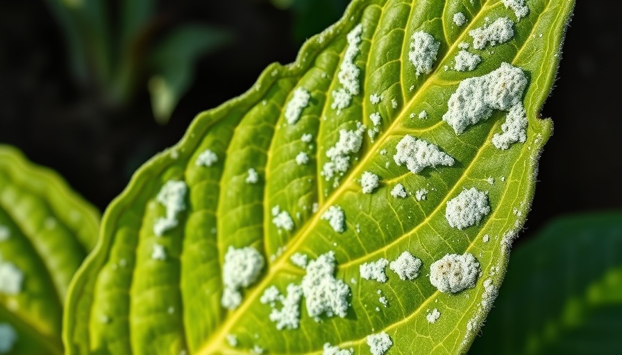 Close-up of powdery mildew on a green leaf in garden lighting. Combat powdery mildew in your garden.