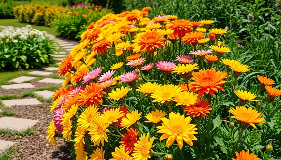 Colorful flowers blooming in a summer garden path.