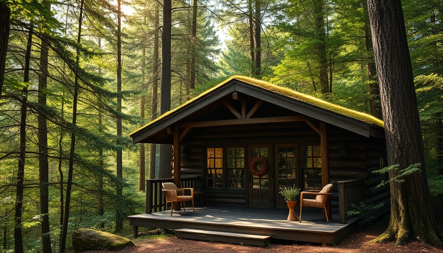 Rustic cabin with mossy roof in serene forest setting.