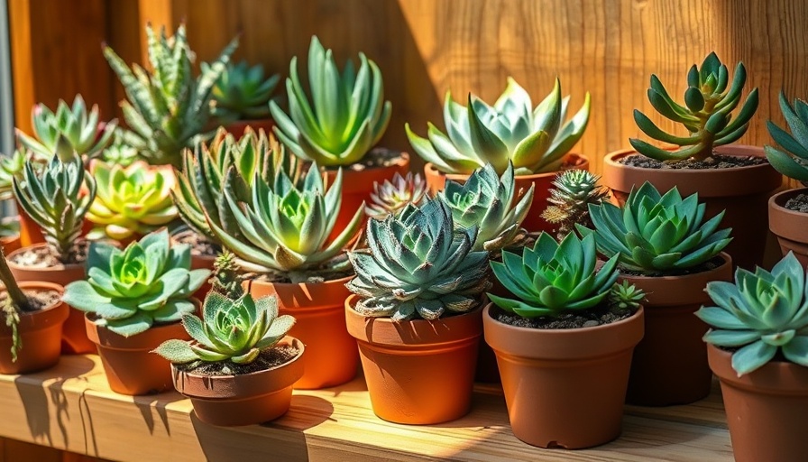 Succulents in clay pots for heat tolerant container gardening.