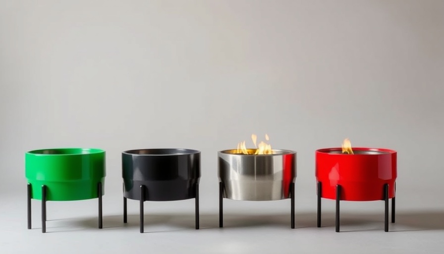 Colorful smokeless firepits by ALDI in studio setting.