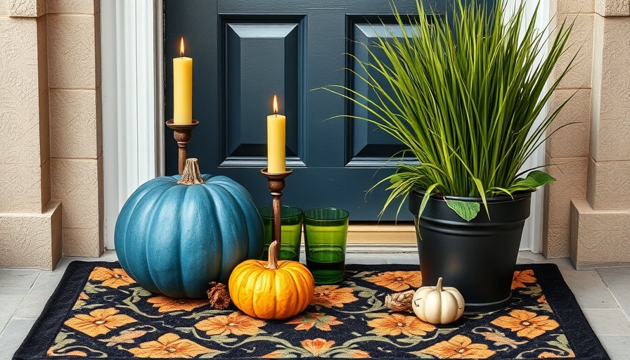 Chic fall porch decor with blue pumpkin and floral doormat.