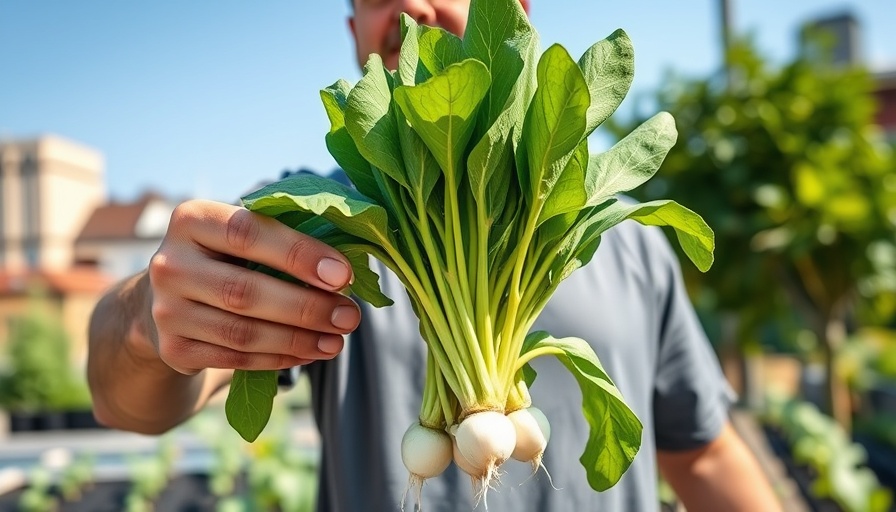 Man showcasing booty radish leaves in urban gardening.