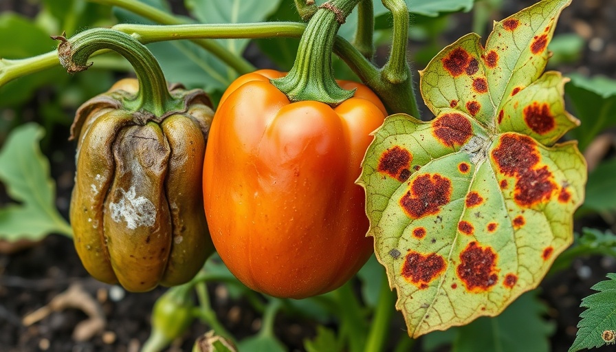 Collage showing common gardening failures: diseased pepper, mildew, leaf spots.