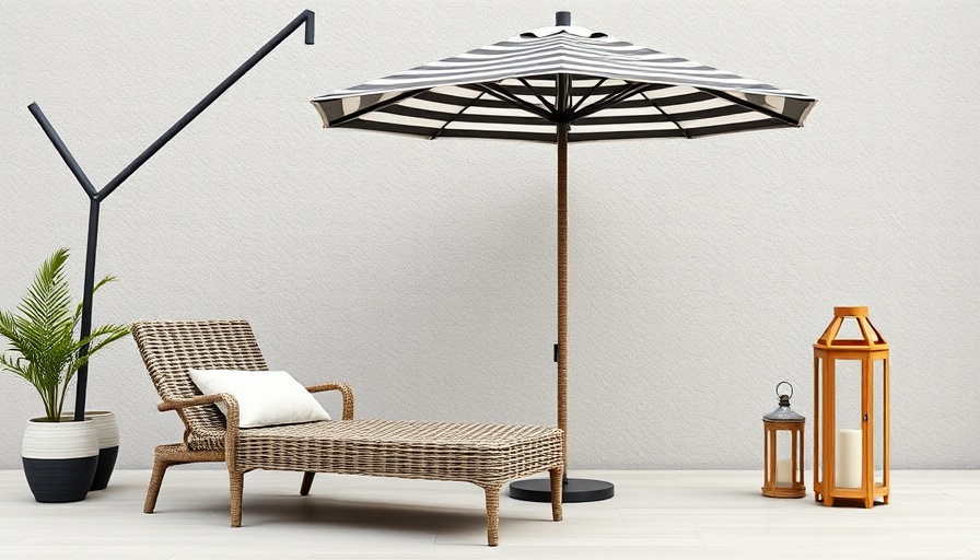 Stylish outdoor furniture set with woven chaise, umbrella, and lantern.