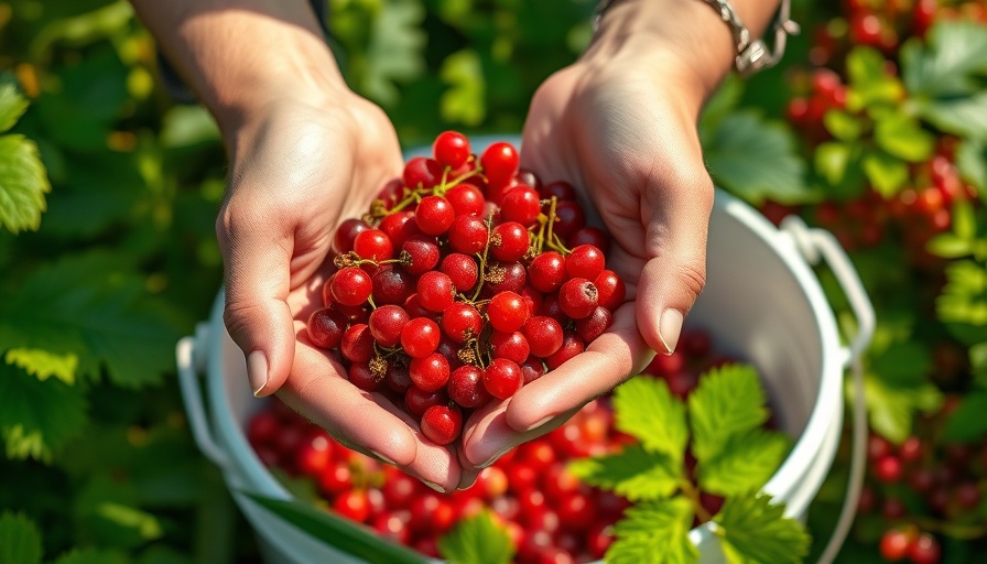 Harvesting fresh red currants in a garden.