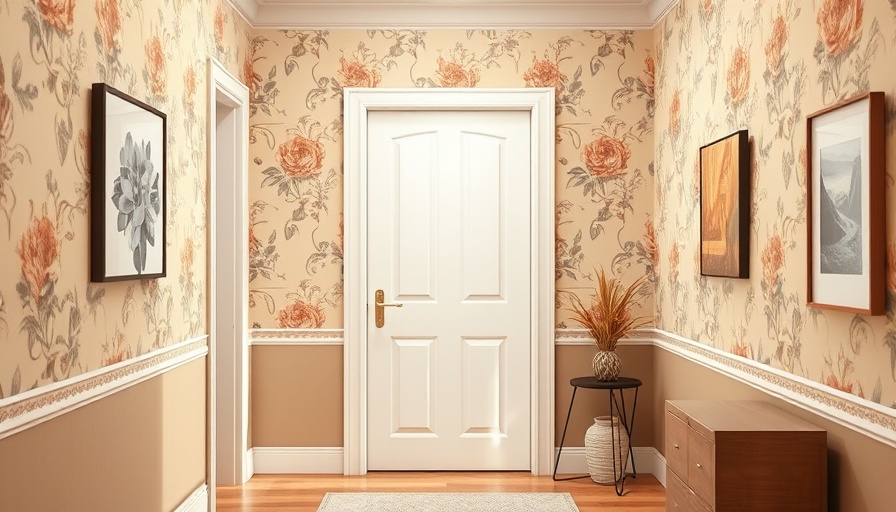 Wallpaper bordering a door in a cozy hallway with art.