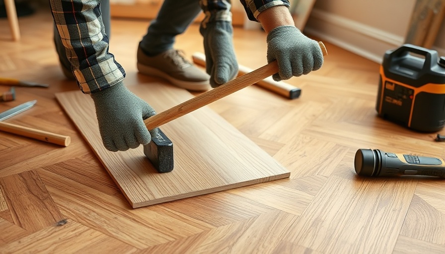 Installation of laminate flooring with gloves and mallet for Vinyl and Laminate Floor Lifespan.