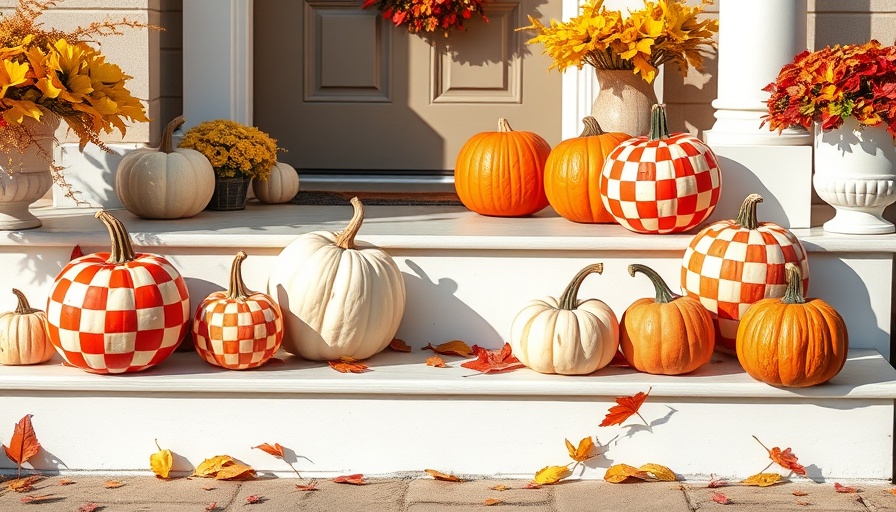 Colorful checkered pumpkins for fall porch decor alternatives.