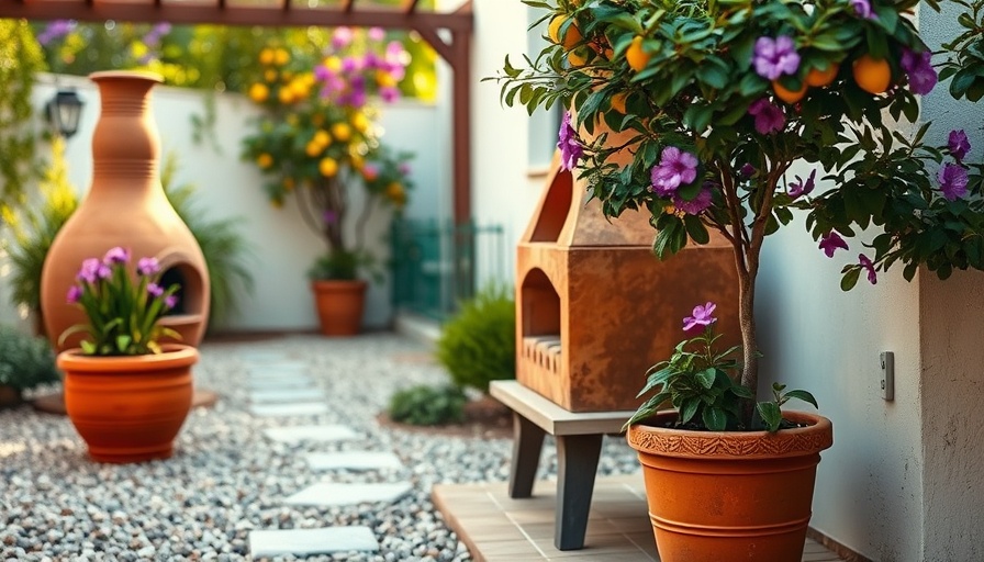 Backyard makeover ideas with vibrant plants and a chiminea.